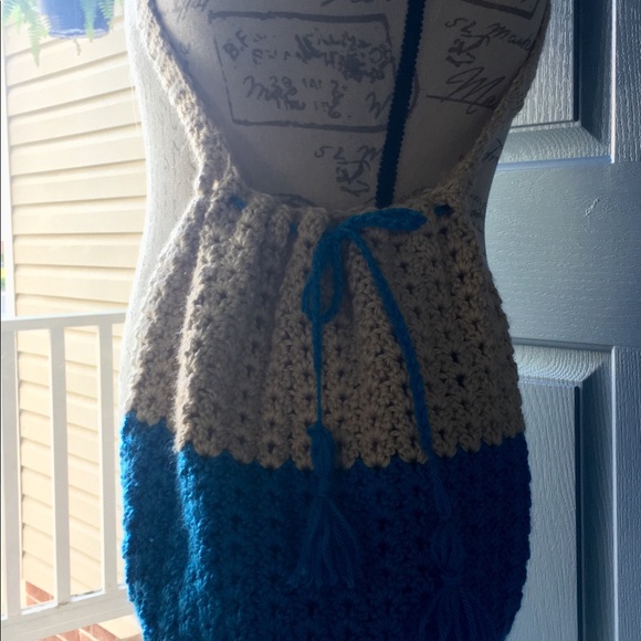 Handmade blue and tan drawstring tote bag - Picture 3 of 5